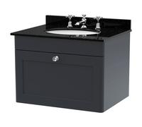 Nuie Classique Satin Wall Hung Single Drawer Vanity Unit with Black Marble Countertop and Round Basin with 3 Tap Holes | Soft Black | MDF | 600mm