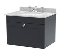 Nuie Classique Satin Wall Hung Single Drawer Vanity Unit with Grey Marble Countertop and Round Basin with 3 Tap Holes | Soft Black | MDF | 600mm