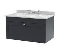 Nuie Classique Satin Wall Hung Single Drawer Vanity Unit with Grey Marble Countertop and Round Basin with 3 Tap Holes | Soft Black | MDF | 800mm
