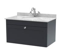Nuie Classique Satin Wall Hung Single Drawer Vanity Unit with Grey Marble Countertop and Round Basin with 1 Tap Hole | Soft Black | MDF | 800mm