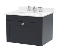 Nuie Classique Satin Wall Hung Single Drawer Vanity Unit with White Marble Countertop and Round Basin with 3 Tap Holes | Soft Black | MDF | 600mm