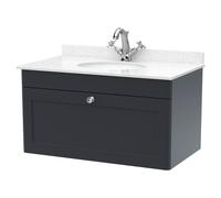 Nuie Classique Satin Wall Hung Single Drawer Vanity Unit with White Marble Countertop and Round Basin with 1 Tap Hole | Soft Black | MFC | 800mm