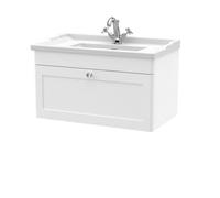 Nuie Classique Wall Hung 1 Drawer Unit & 1 Tap Hole Fireclay Basin, Stylish Sink Vanity Unit In Satin White