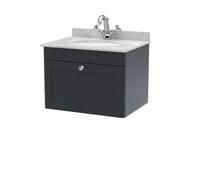 Nuie Classique Wall Hung 1 Drawer Unit & 1 Tap Hole Grey Marble Top With Oval Basin, Sink Vanity Unit In Soft Black With White