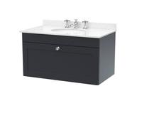 Nuie Classique Wall Hung 1 Drawer Unit & 1 Tap Hole White Marble Top With Oval Basin, Sink Vanity Unit In Soft Black With White