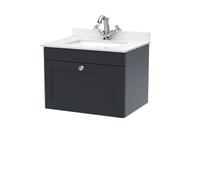 Nuie Classique Wall Hung 1 Drawer Unit & 1 Tap Hole White Marble Top With Square Basin, Sink Vanity Unit In Soft Black With White