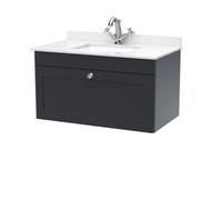 Nuie Classique Wall Hung 1 Drawer Unit & 1 Tap Hole White Marble Top With Square Basin, Sink Vanity Unit In Soft Black With White