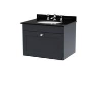 Nuie Classique Wall Hung 1 Drawer Unit & 3 Tap Hole Black Marble Top With Oval Basin, Sink Vanity Unit In Soft Black With White