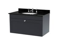 Nuie Classique Wall Hung 1 Drawer Unit & 3 Tap Hole Black Marble Top With Oval Basin, Sink Vanity Unit In Soft Black With White