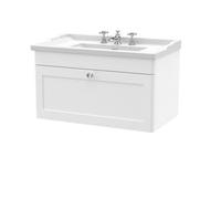 Nuie Classique Wall Hung 1 Drawer Unit & 3 Tap Hole Fireclay Basin, Stylish Sink Vanity Unit In Satin White