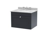 Nuie Classique Wall Hung 1 Drawer Unit & 3 Tap Hole Grey Marble Top With Oval Basin, Sink Vanity Unit In Soft Black With White
