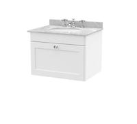 Nuie Classique Wall Hung 1 Drawer Unit & 3 Tap Hole Grey Marble Top With Oval Basin, Stylish Sink Vanity Unit In Satin White With