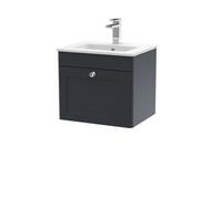 Nuie Classique Wall Hung 1 Drawer Unit & Minimalist Ceramic Basin, Stylish Sink Vanity Unit In Soft Black