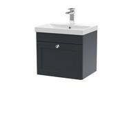 Nuie Classique Wall Hung 1 Drawer Unit & Thin-Edge Ceramic Basin, Stylish Sink Vanity Unit In Soft Black