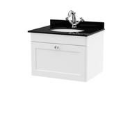Nuie Classique Wall Hung 1 Drawer Vanity Unit & 1 Tap Hole Black Marble Top With Oval Basin, Sink Vanity Unit In Satin White With