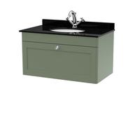Nuie Classique Wall Hung 1 Drawer Vanity Unit & 1 Tap Hole Black Marble Top With Oval Basin, Stylish Sink Vanity Unit In Satin
