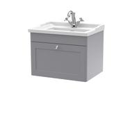 Nuie Classique Wall Hung 1 Drawer Vanity Unit & 1 Tap Hole Fireclay Basin, Contemporary Sink Vanity Unit In Satin Grey With White