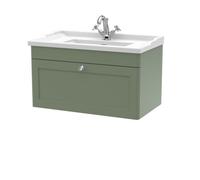 Nuie Classique Wall Hung 1 Drawer Vanity Unit & 1 Tap Hole Fireclay Basin, Stylish Sink Vanity Unit In Satin Green With White