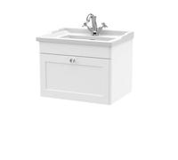 Nuie Classique Wall Hung 1 Drawer Vanity Unit & 1 Tap Hole Fireclay Basin, Stylish Sink Vanity Unit In Satin White