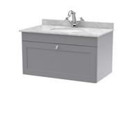 Nuie Classique Wall Hung 1 Drawer Vanity Unit & 1 Tap Hole Grey Marble Top With Oval Basin, Contemporary Sink Vanity Unit In