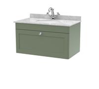 Nuie Classique Wall Hung 1 Drawer Vanity Unit & 1 Tap Hole Grey Marble Top With Oval Basin, Stylish Sink Vanity Unit In Satin