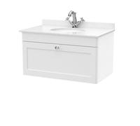 Nuie Classique Wall Hung 1 Drawer Vanity Unit & 1 Tap Hole White Marble Top With Oval Basin, Stylish Sink Vanity Unit In Satin