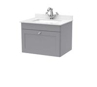 Nuie Classique Wall Hung 1 Drawer Vanity Unit & 1 Tap Hole White Marble Top With Square Basin, Contemporary Sink Vanity Unit In