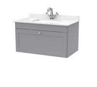 Nuie Classique Wall Hung 1 Drawer Vanity Unit & 1 Tap Hole White Marble Top With Square Basin, Contemporary Sink Vanity Unit In