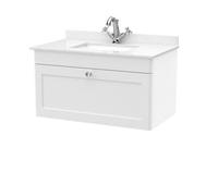 Nuie Classique Wall Hung 1 Drawer Vanity Unit & 1 Tap Hole White Marble Top With Square Basin, Stylish Sink Vanity Unit In Satin