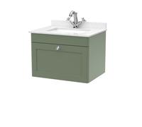 Nuie Classique Wall Hung 1 Drawer Vanity Unit & 1 Tap Hole White Marble Top With Square Basin, Stylish Sink Vanity Unit In Satin