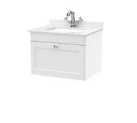 Nuie Classique Wall Hung 1 Drawer Vanity Unit & 1 Tap Hole White Marble Top With Square Basin, Stylish Sink Vanity Unit In Satin