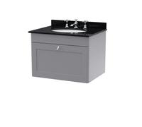 Nuie Classique Wall Hung 1 Drawer Vanity Unit & 3 Tap Hole Black Marble Top With Oval Basin, Contemporary Sink Vanity Unit In