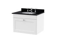 Nuie Classique Wall Hung 1 Drawer Vanity Unit & 3 Tap Hole Black Marble Top With Oval Basin, Sink Vanity Unit In Satin White With