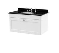 Nuie Classique Wall Hung 1 Drawer Vanity Unit & 3 Tap Hole Black Marble Top With Oval Basin, Stylish Sink Vanity Unit In Satin