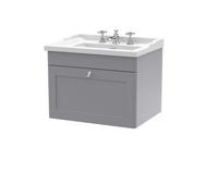 Nuie Classique Wall Hung 1 Drawer Vanity Unit & 3 Tap Hole Fireclay Basin, Contemporary Sink Vanity Unit In Satin Grey With White