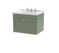 Nuie Classique Wall Hung 1 Drawer Vanity Unit & 3 Tap Hole Fireclay Basin, Stylish Sink Vanity Unit In Satin Green With White