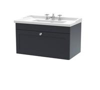 Nuie Classique Wall Hung 1 Drawer Vanity Unit & 3 Tap Hole Fireclay Basin, Stylish Sink Vanity Unit In Soft Black