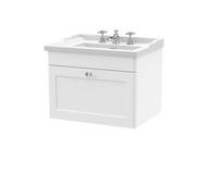 Nuie Classique Wall Hung 1 Drawer Vanity Unit & 3 Tap Hole Fireclay Basin, Stylish Sink Vanity Unit In Satin White