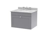 Nuie Classique Wall Hung 1 Drawer Vanity Unit & 3 Tap Hole Grey Marble Top With Oval Basin, Contemporary Sink Vanity Unit In