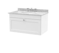 Nuie Classique Wall Hung 1 Drawer Vanity Unit & 3 Tap Hole Grey Marble Top With Oval Basin, Stylish Sink Vanity Unit In Satin