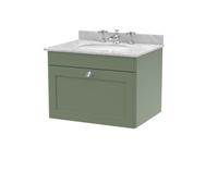 Nuie Classique Wall Hung 1 Drawer Vanity Unit & 3 Tap Hole Grey Marble Top With Oval Basin, Stylish Sink Vanity Unit In Satin