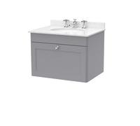 Nuie Classique Wall Hung 1 Drawer Vanity Unit & 3 Tap Hole White Marble Top With Oval Basin, Contemporary Sink Vanity Unit In