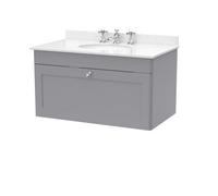 Nuie Classique Wall Hung 1 Drawer Vanity Unit & 3 Tap Hole White Marble Top With Oval Basin, Contemporary Sink Vanity Unit In
