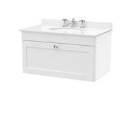 Nuie Classique Wall Hung 1 Drawer Vanity Unit & 3 Tap Hole White Marble Top With Oval Basin, Stylish Sink Vanity Unit In Satin