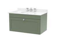 Nuie Classique Wall Hung 1 Drawer Vanity Unit & 3 Tap Hole White Marble Top With Oval Basin, Stylish Sink Vanity Unit In Satin