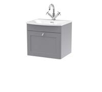 Nuie Classique Wall Hung 1 Drawer Vanity Unit & Curved Ceramic Basin, Contemporary Sink Vanity Unit In Satin Grey With White