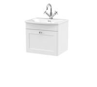 Nuie Classique Wall Hung 1 Drawer Vanity Unit & Curved Ceramic Basin, Sink Vanity Unit In Satin White With White Basin