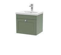 Nuie Classique Wall Hung 1 Drawer Vanity Unit & Mid-Edge Ceramic Basin, Stylish Sink Vanity Unit In Satin Green With White Basin