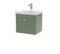 Nuie Classique Wall Hung 1 Drawer Vanity Unit & Thin-Edge Ceramic Basin, Stylish Sink Vanity Unit In Satin Green With White