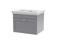 Nuie Classique Wall Hung 1 Drawer Vanity Unit Without Tap Hole Fireclay Basin, Contemporary Sink Vanity Unit In Satin Grey With
